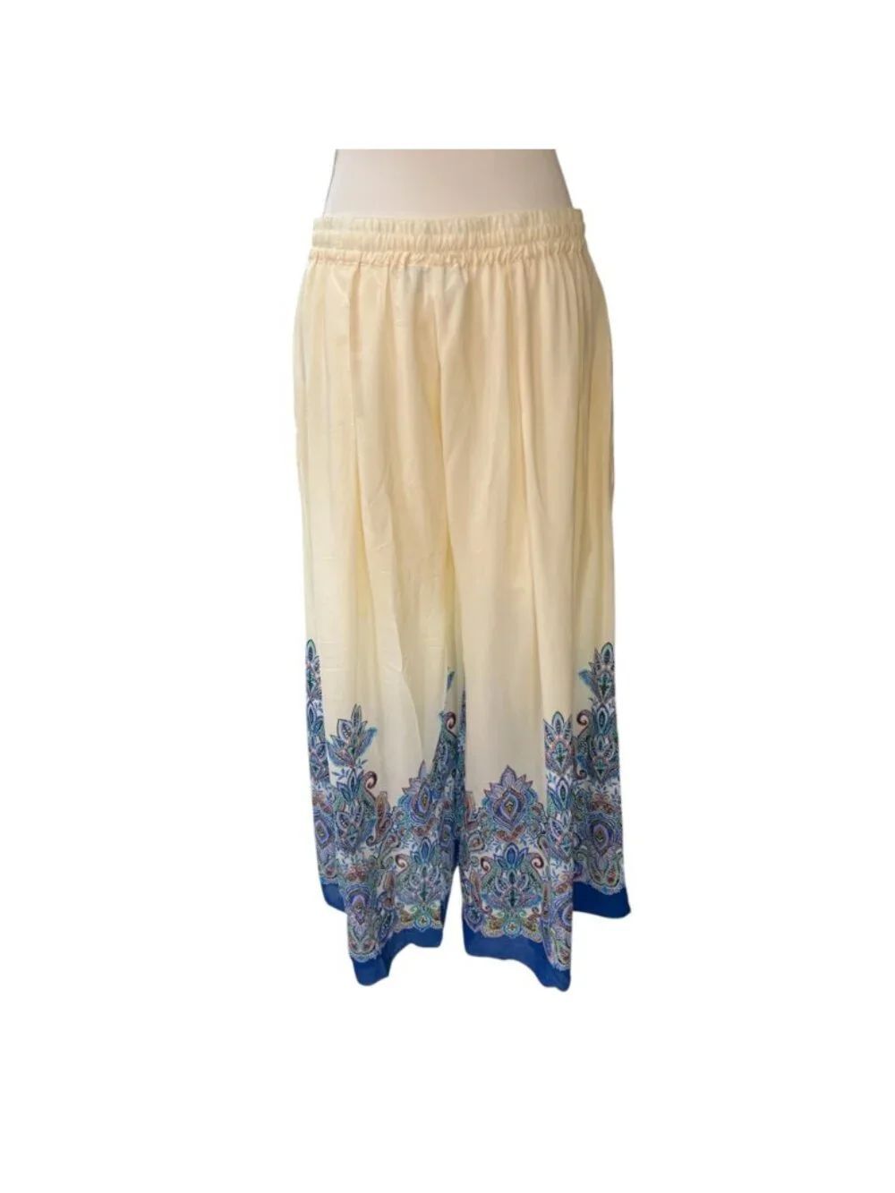 Johnny Was 100% Silk Elastic Waist Pleated Wide Leg Pant Cream Blue Size Medium - Picture 2 of 10